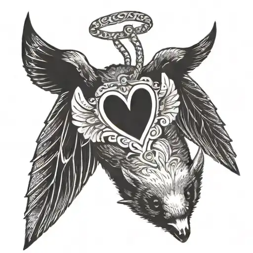 Flying Fox Hanging Upside Down Wrapped In Wings Holding A Sacred Heart
