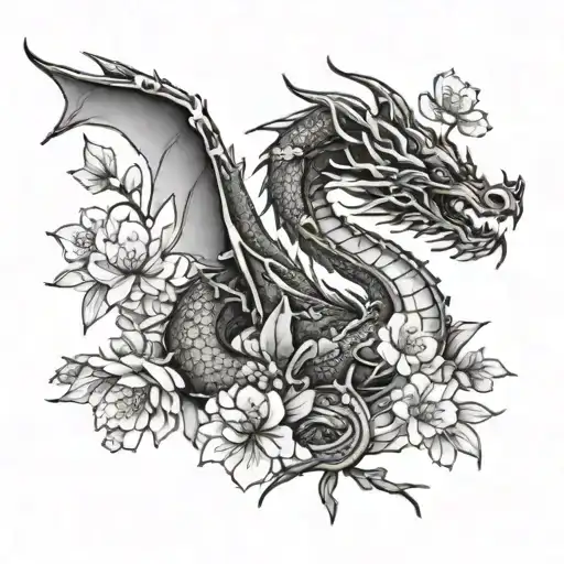 Dragon In Sakura Flowers