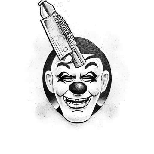 A Tattoo Of A Clown Holding A Gun And Smiling