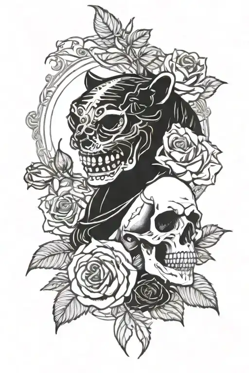 Skull And Rose With Panther In Background Black And White