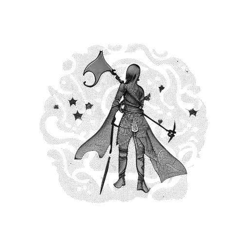 Outline Of A Girl With A Sword In Front Of An Archway Of A Starry Night