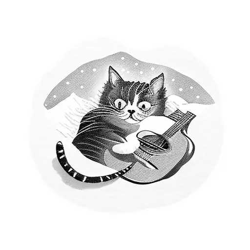 A Blackwork Tattoo Of A Cat Playing A Guitar In A Snowy Forest