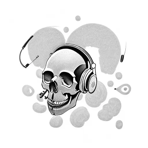 A Skull Wearing Headphones Surrounded By Musical Notes And Instruments