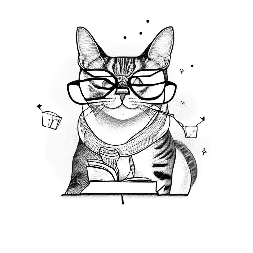 A Blackwork Tattoo Of A Cat Wearing Glasses And Reading A Comic Book
