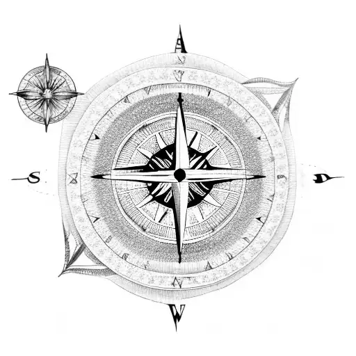 A Blackwork Tattoo Of A Compass With Planets And Constellations Inside The Needle