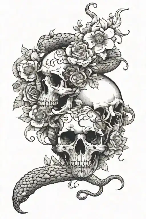 A Snake Slithering Through A Skull Surrounded By Flowers Along With A Medusa Head In The Flowers
