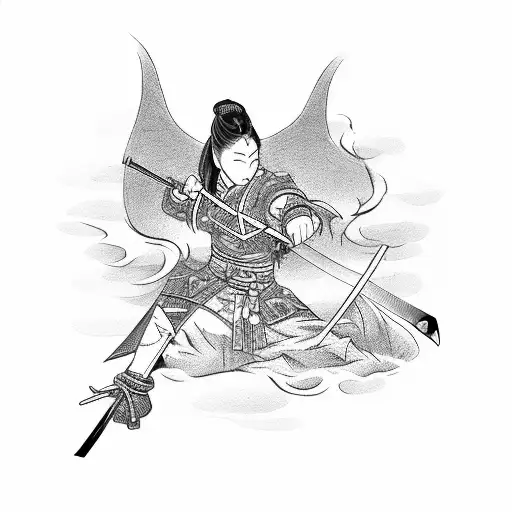 A Fierce Samurai Woman Wielding A Katana With A Phoenix Soaring Above Her