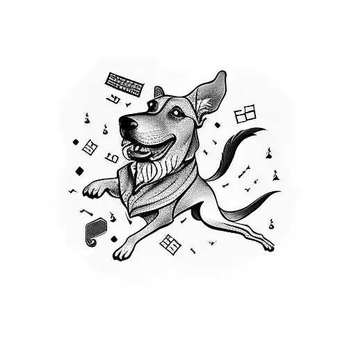 A Blackwork Tattoo Of A Dog Chasing Musical Notes In A Park Setting