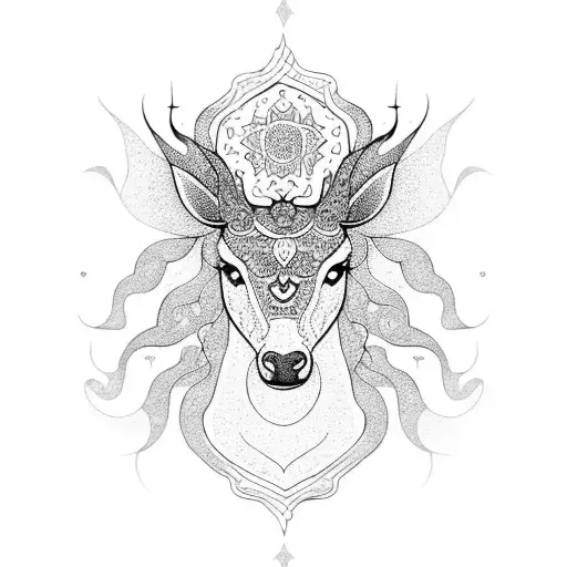 A Blackwork Tattoo Of A Majestic Animal Surrounded By A Mandala-inspired Floral Pattern