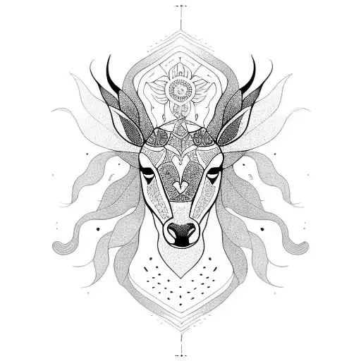 A Blackwork Tattoo Of A Majestic Animal Surrounded By A Mandala-inspired Floral Pattern