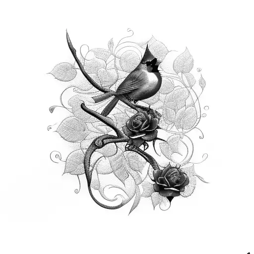 A Vibrant Red Cardinal Surrounded By A Swirling Rose Vine