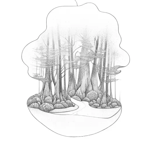 A Mystical Forest With Hidden Research Symbols Intertwined With The Trees