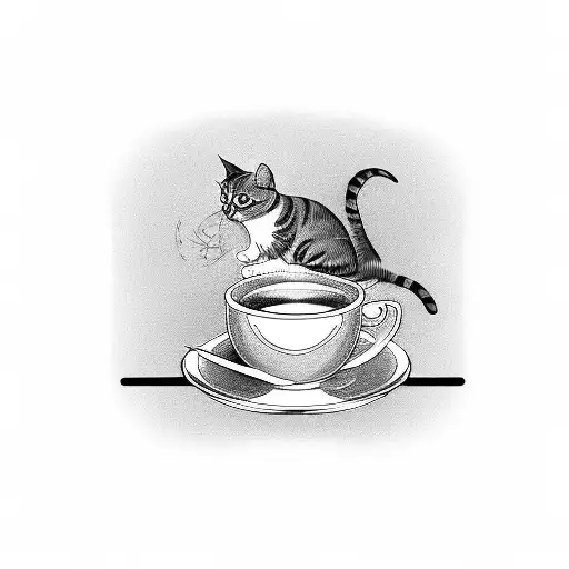 A Blackwork Tattoo Of A Cat Playing A Musical Instrument In A Coffee Cup