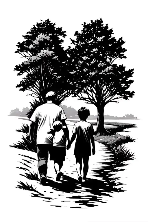 A Man And Two Children Walking Down A Path