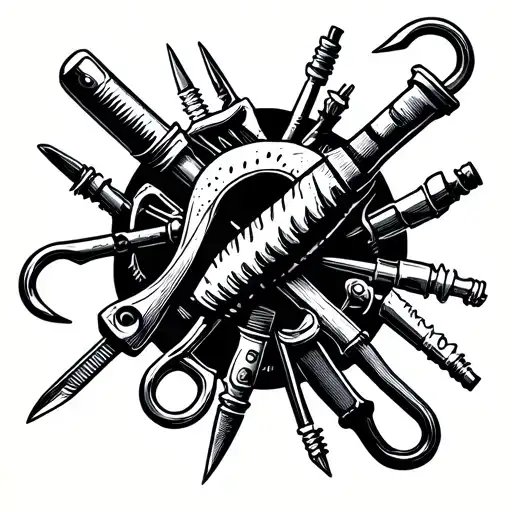 A Unique Blackwork Tattoo Of An Electrician's Tools Arranged To Form A Fishing Hook