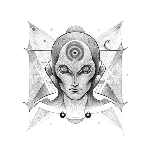 A Futuristic God With Alien Features Surrounded By Celestial Objects