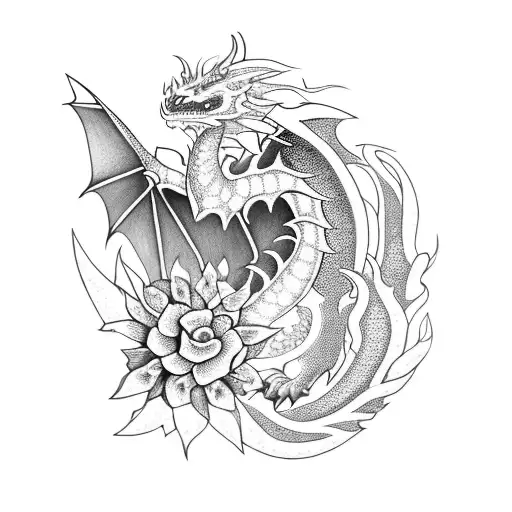 An Enchanting Blackwork Dragon With Flowers Blooming From Its Scales