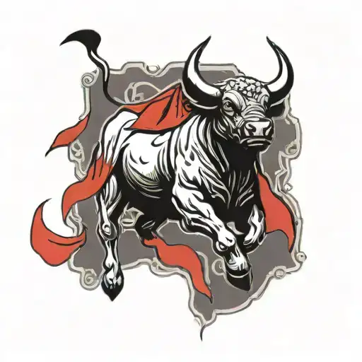 A Stylized Bull Charging Through A Field With A Red Cape In Hand