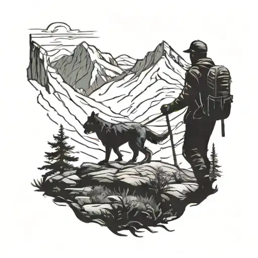 A Silhouette Of A Hunter Hiking Through The Mountains With His Loyal Dog By His Side