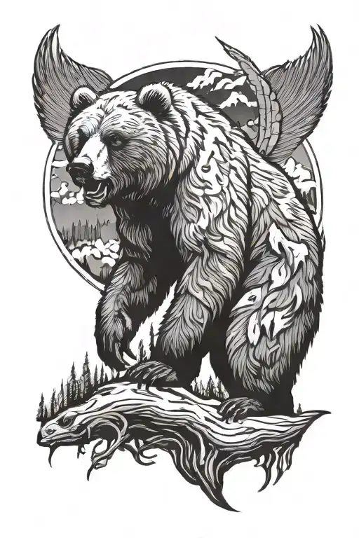 Grizzly Bear Standing Tall With Hawk Flying Overhead