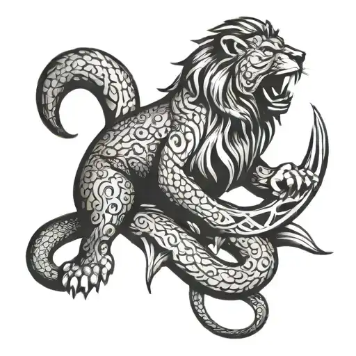 Lion Roaring With A Snake Wrapped Around It And A Starfish