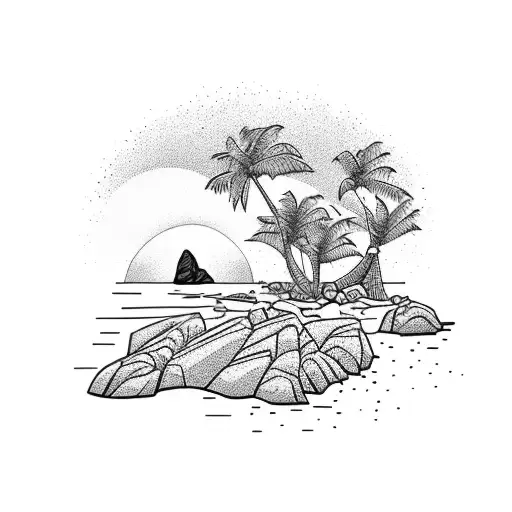 A Tattoo Of A Rocky Beach At Sunset With Samba Dancers In The Background