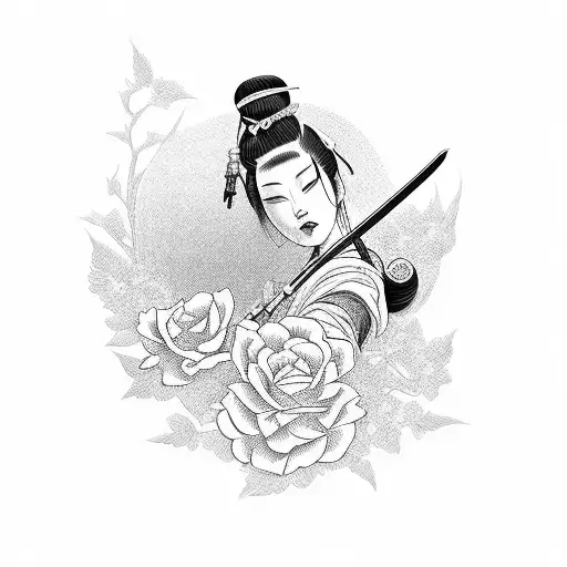 Geisha With Sword And Roses