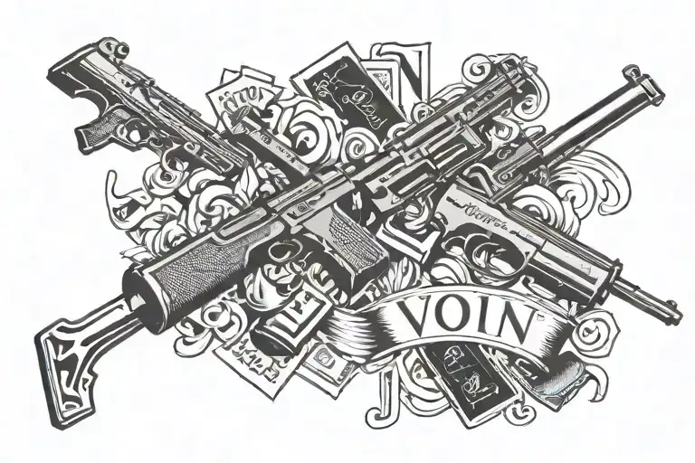 The Word 'Von' Handwritten Cursive Font Surrounded By Guns And Money