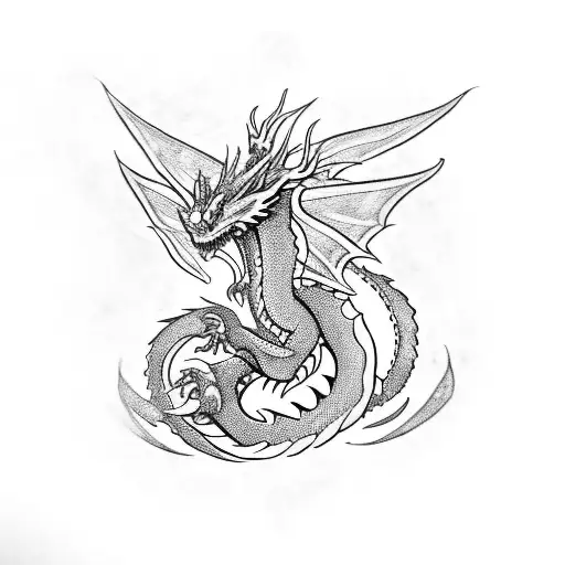 A Blackwork Dragon Surrounded By Symbols Of The Catholic Faith