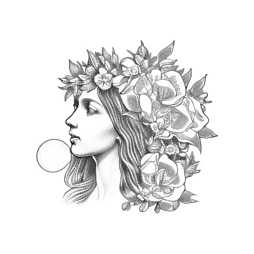 A Blackwork Tattoo Of The Virgin Mary Surrounded By Flowers