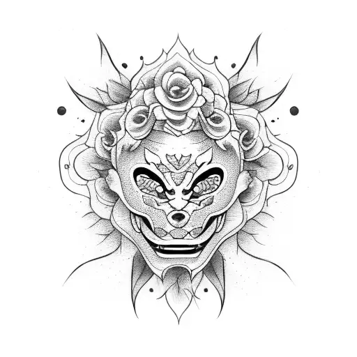 Broken Hannya Mask With Flowers In The Middle
