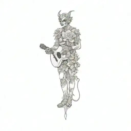 A Demon With A Jester Head Holding A Guitar With Flowers In The Background