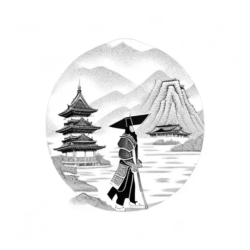 A Samurai Standing On A Bridge Over A River With Chinese Temples In The Background
