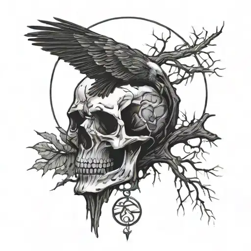 Dead Tree Moon Crow Skull