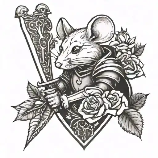Mouse Knight With Sword Surrounded By Roses