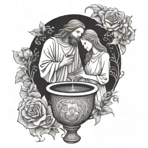 Jesus And The Woman By The Well On The Surface Of A Tall Vase Full Of Water
