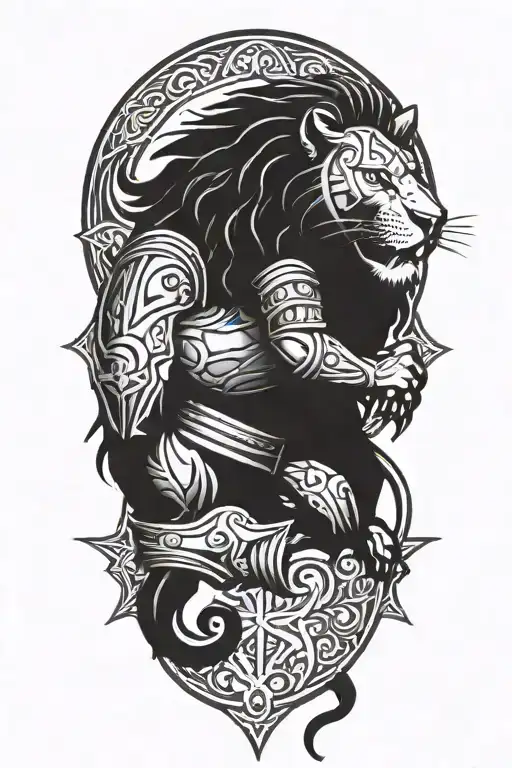A Fierce Lion Wearing Medieval Armor With A Christian Cross Symbol On Its Chest