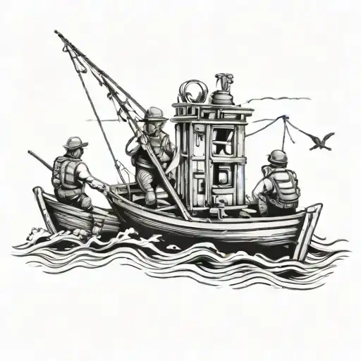 A Detailed Blackwork Tattoo Of A Fishing Scene With A Family Of Fisherman On A Boat