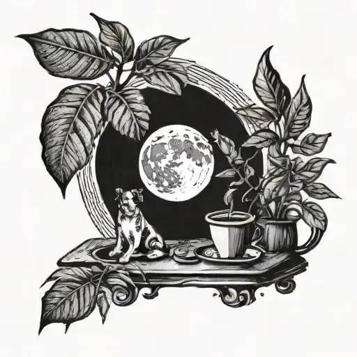 A Coffee Plant Growing Out Of A Vinyl Record With A Dog Howling At The Moon