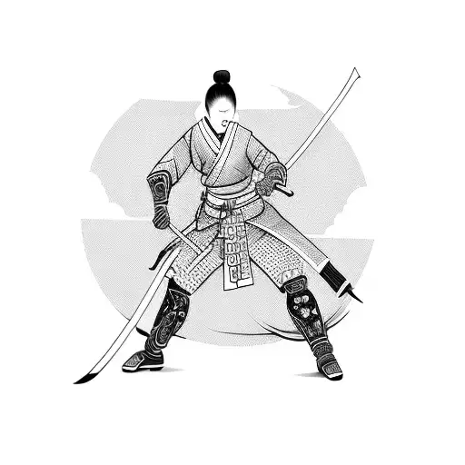 A Fierce Girl Samurai Wielding A Katana In A Blackwork Style