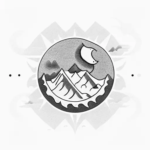 Mountains With Sun And Moon And Cloud And Waves