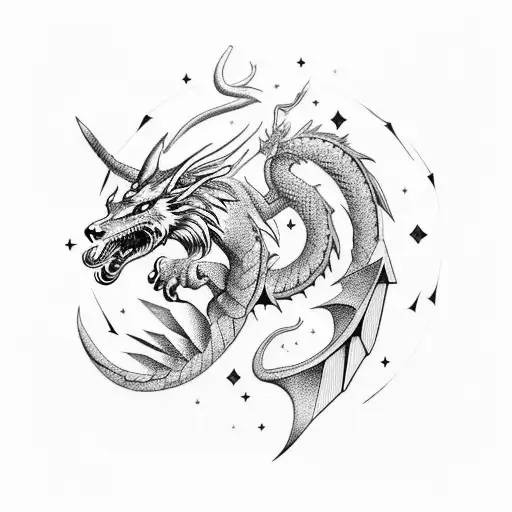 A Wolfheaded Sagittarius Dragon In A Blackwork Style