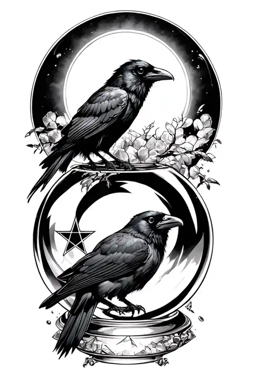 Raven On Top Of Crystal Ball With Pentagram Mixed