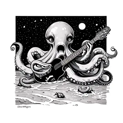 A Surrealistic Beach Scene With A Giant Octopus Playing A Guitar Under A Starry Sky