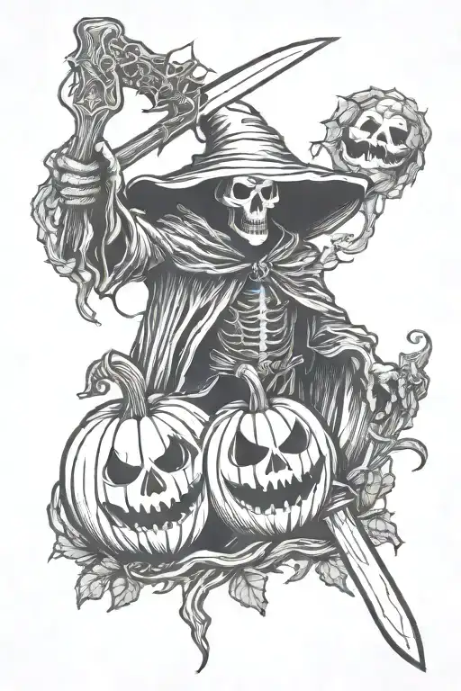 Halloween Pumpkin And Grim Reaper Holding Scream Knife