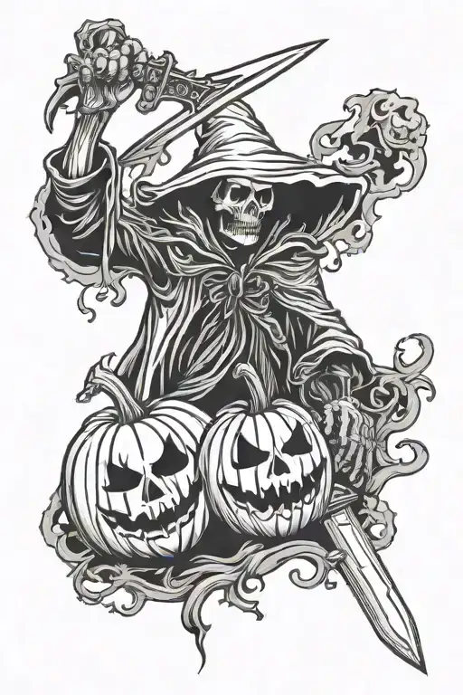 Halloween Pumpkin And Grim Reaper Holding Scream Knife