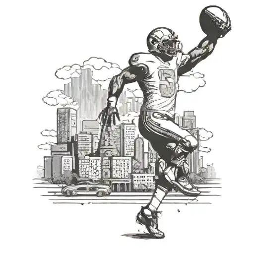 A Detailed Cityscape Of Saint Louis Skyline With A Football Player In Action On The Streets