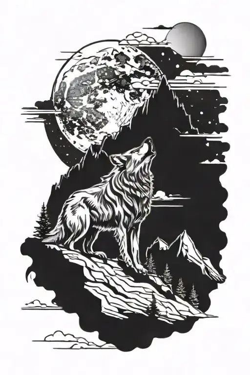 A Wolf In The Distance On A Mountain Howls At The Moon
