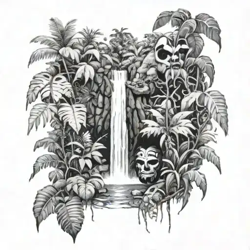 Realistic Jungle With Mask And Waterfall