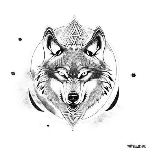 Wolf Head With Viking Symbols And A Moon